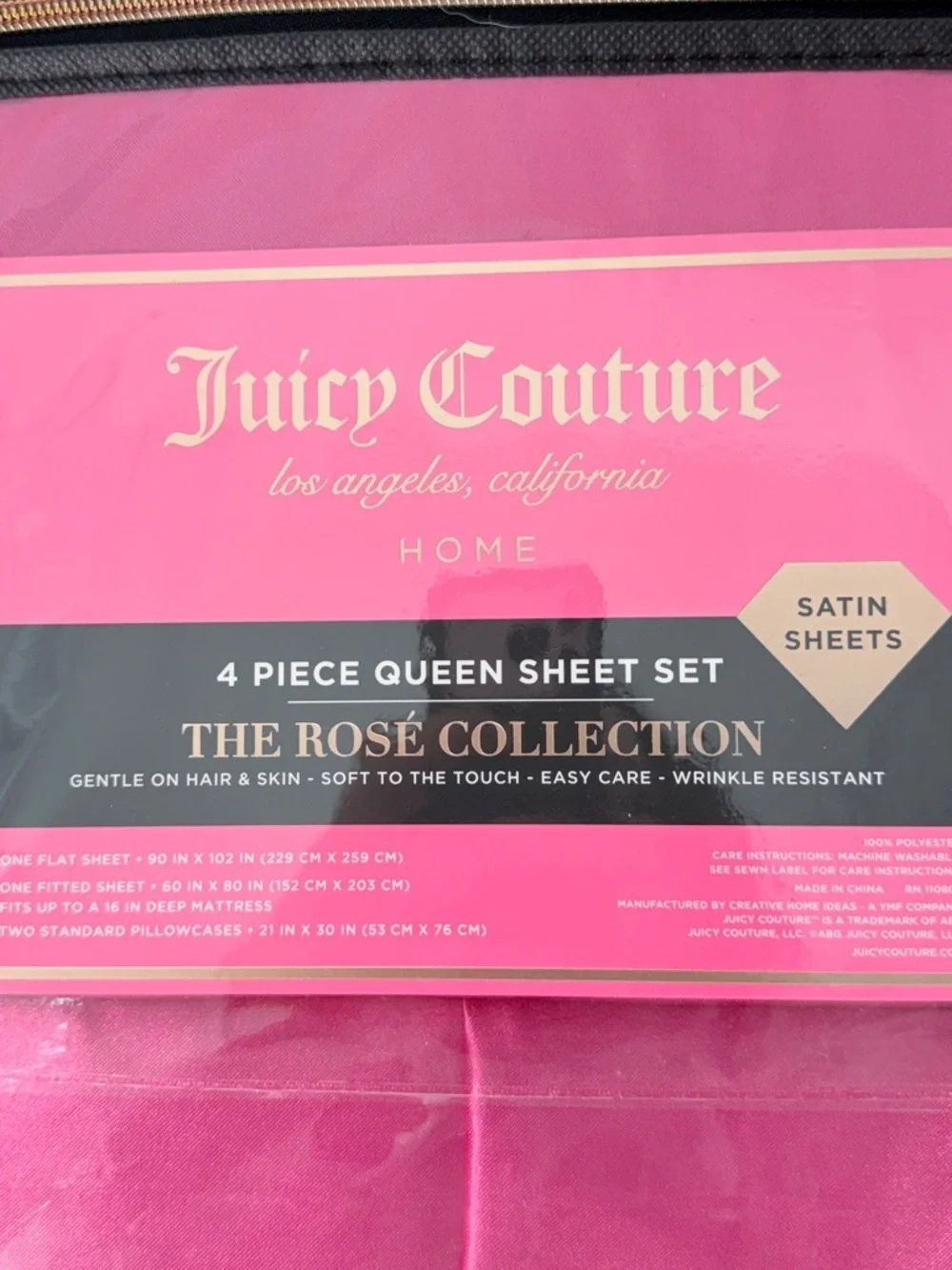 Juicy Couture Queen Satin Sheet Set Rose Collection Hot Pink 4 Piece Bedding Set